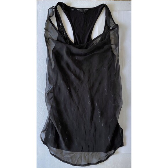 Guess Women's Small Black Sequin Racerback Tank Top Chiffon Cowl Layer in Front - Picture 4 of 10